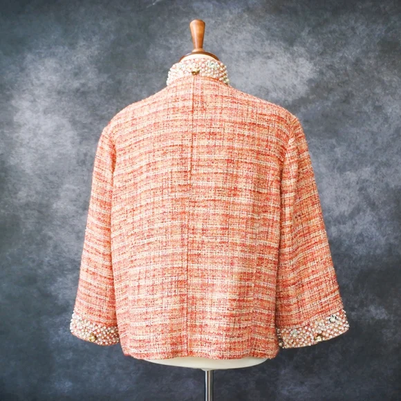 NWT Chico's Tweed Orange Boucle Pearl Sequin Collar Jacket Size 3 US Size L